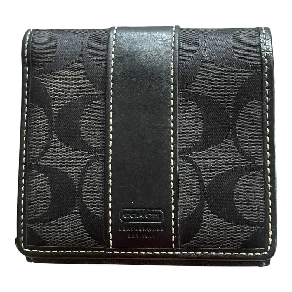 COACH LEATHERWARE Men's Black Signature Canvas Smooth Leather Snap Bifold Wallet